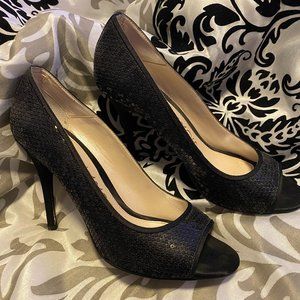 Caparros Women's Black Sequin Stilettos Peep Toe Satin Pumps Size 9B